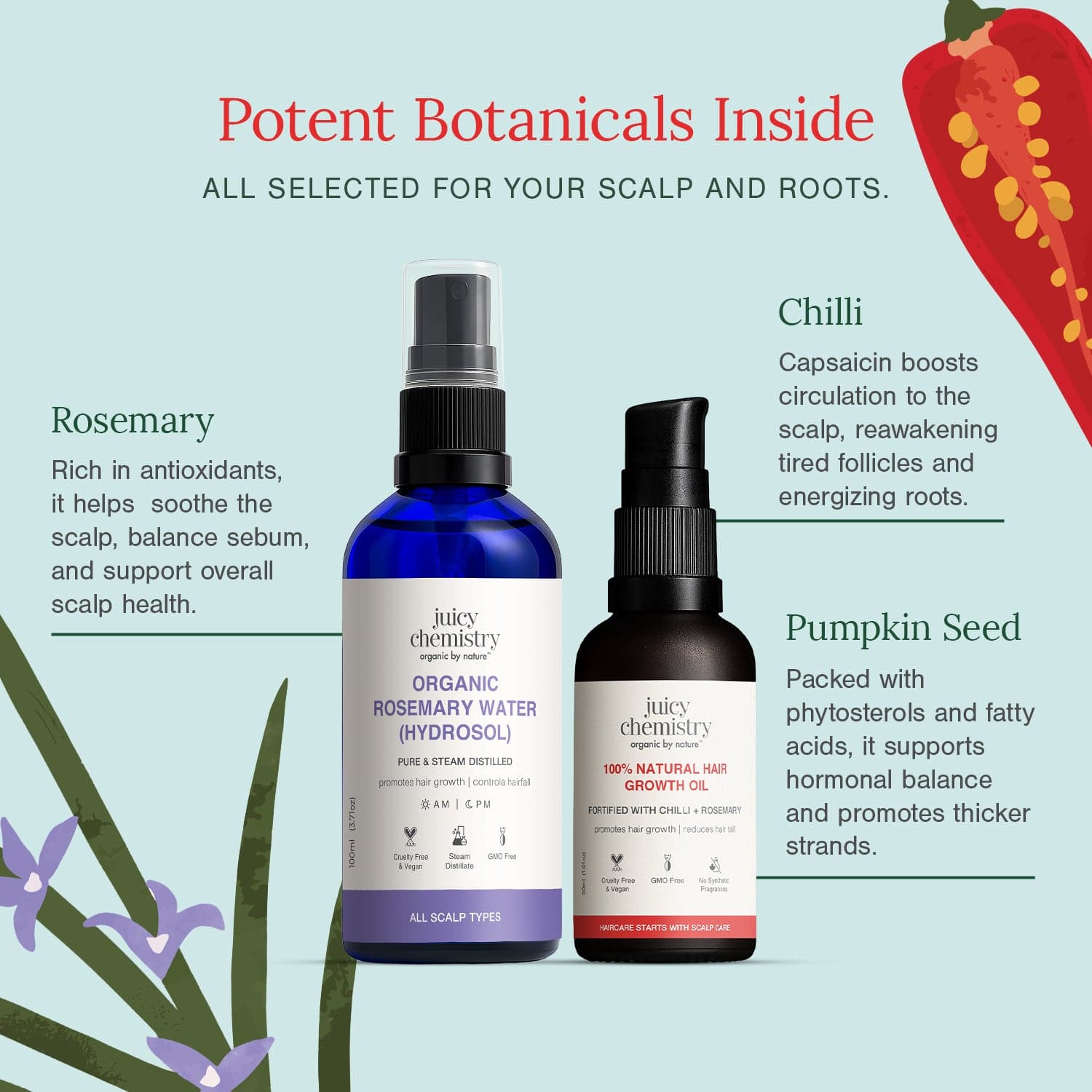 Chilli, Rosemary & Kalonji Hair Oil + Rosemary Water for Hair Growth & Treatment Combo, 30 ml + 100 ml