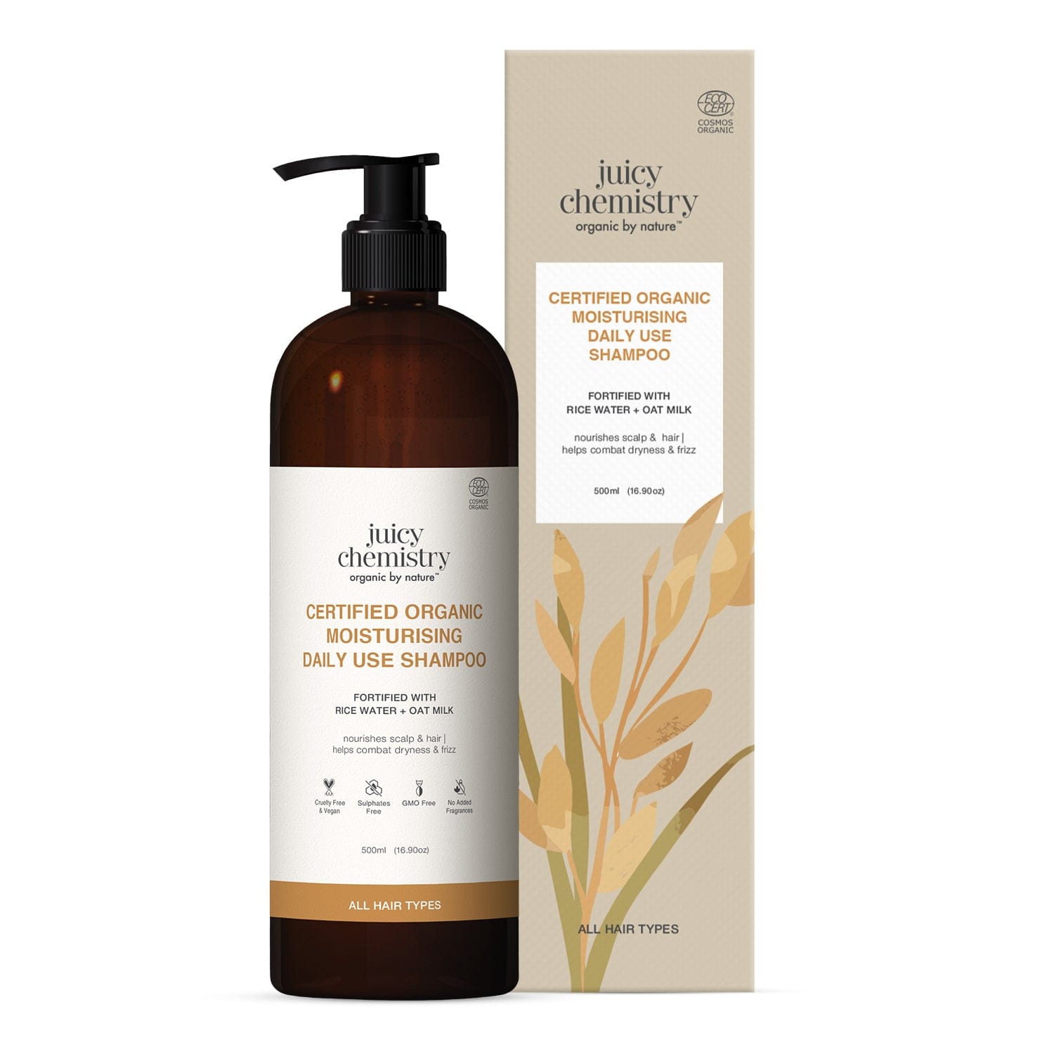Certified Organic Moisturising Daily Use Shampoo Fortified with Rice Water + Oat Milk