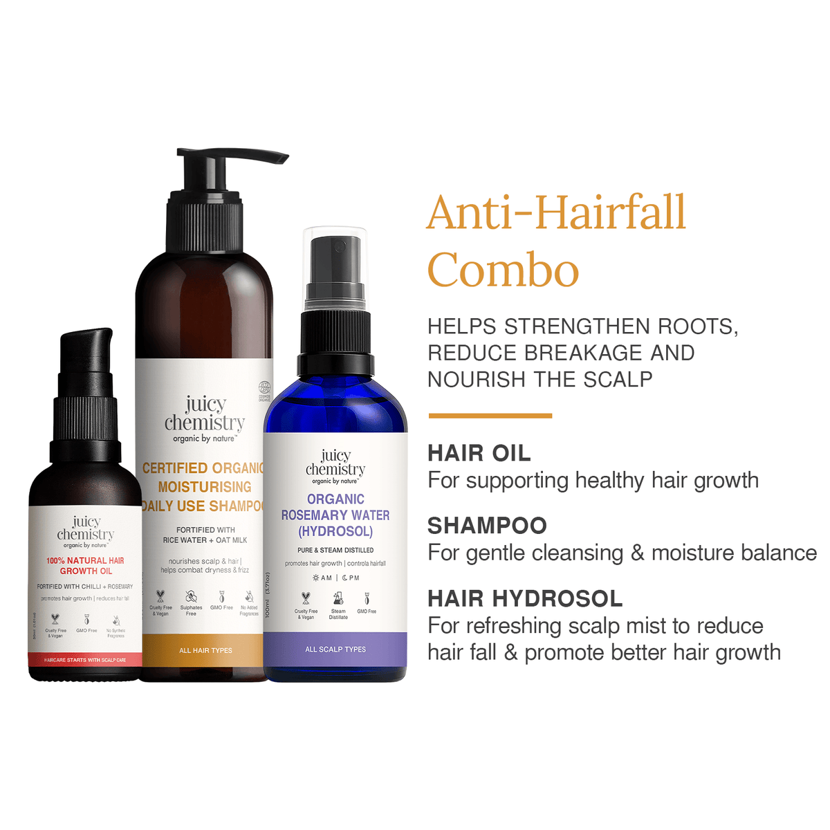 Anti-Hairfall Combo | Hair Growth Oil + Moisturising Shampoo + Rosemary Water