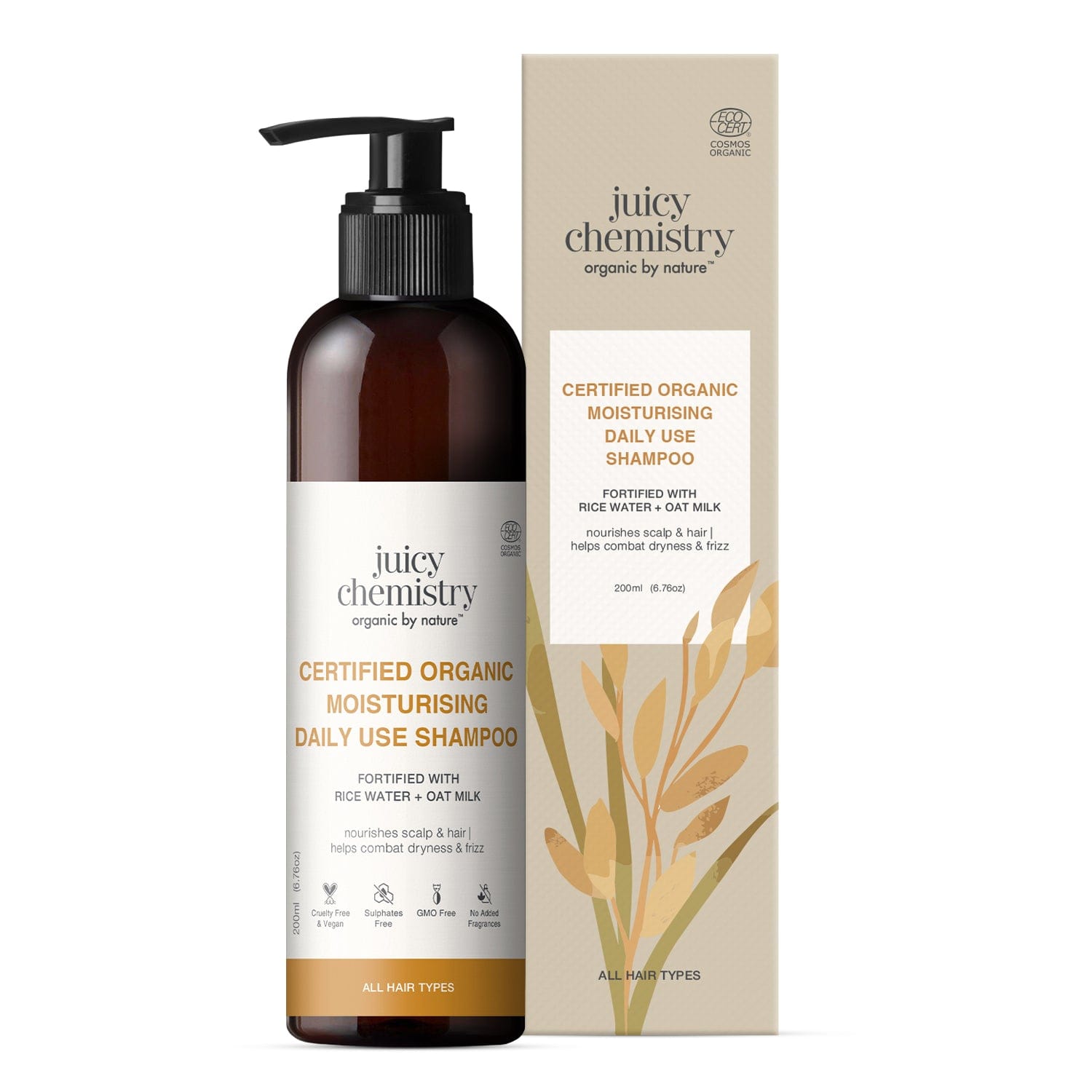 Certified Organic Moisturising Daily Use Shampoo Fortified with Rice Water + Oat Milk
