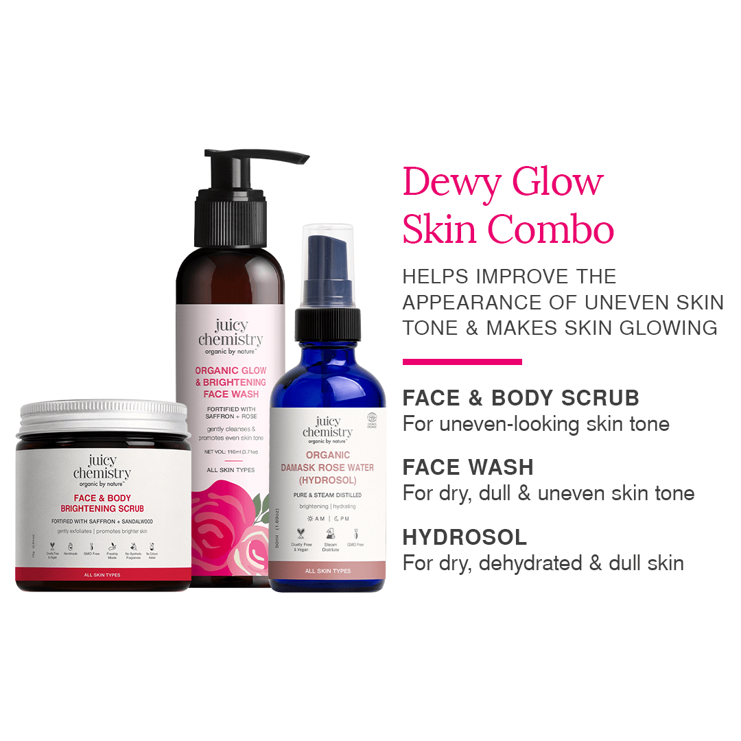 Dewy & Sunkissed Glow Combo | Brightening Scrub + Saffron Face Wash + Rose Water