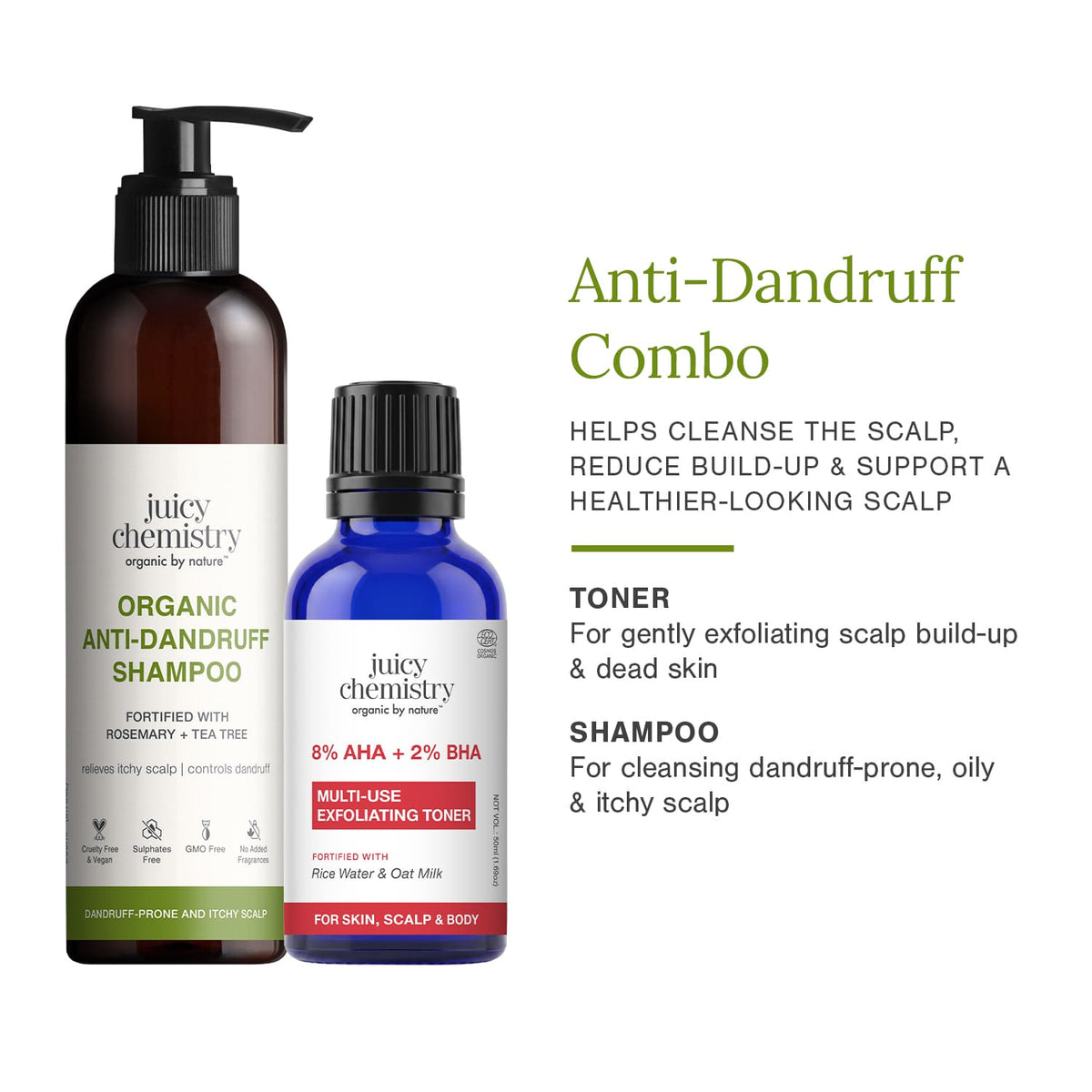 Anti-Dandruff Combo | Organic Anti-Dandruff Shampoo + 8% AHA +2% BHA Multi Use Exfoliating Toner