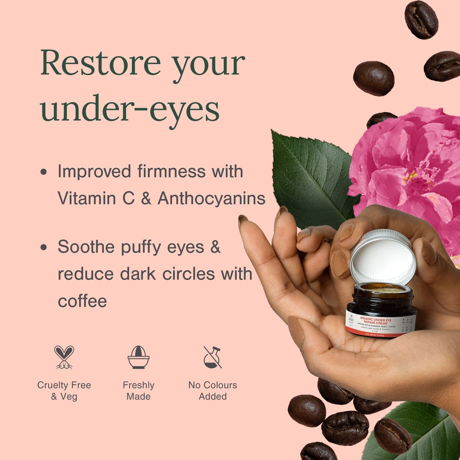 Organic Under Eye Repair Cream Fortified with Damask Rose + Coffee