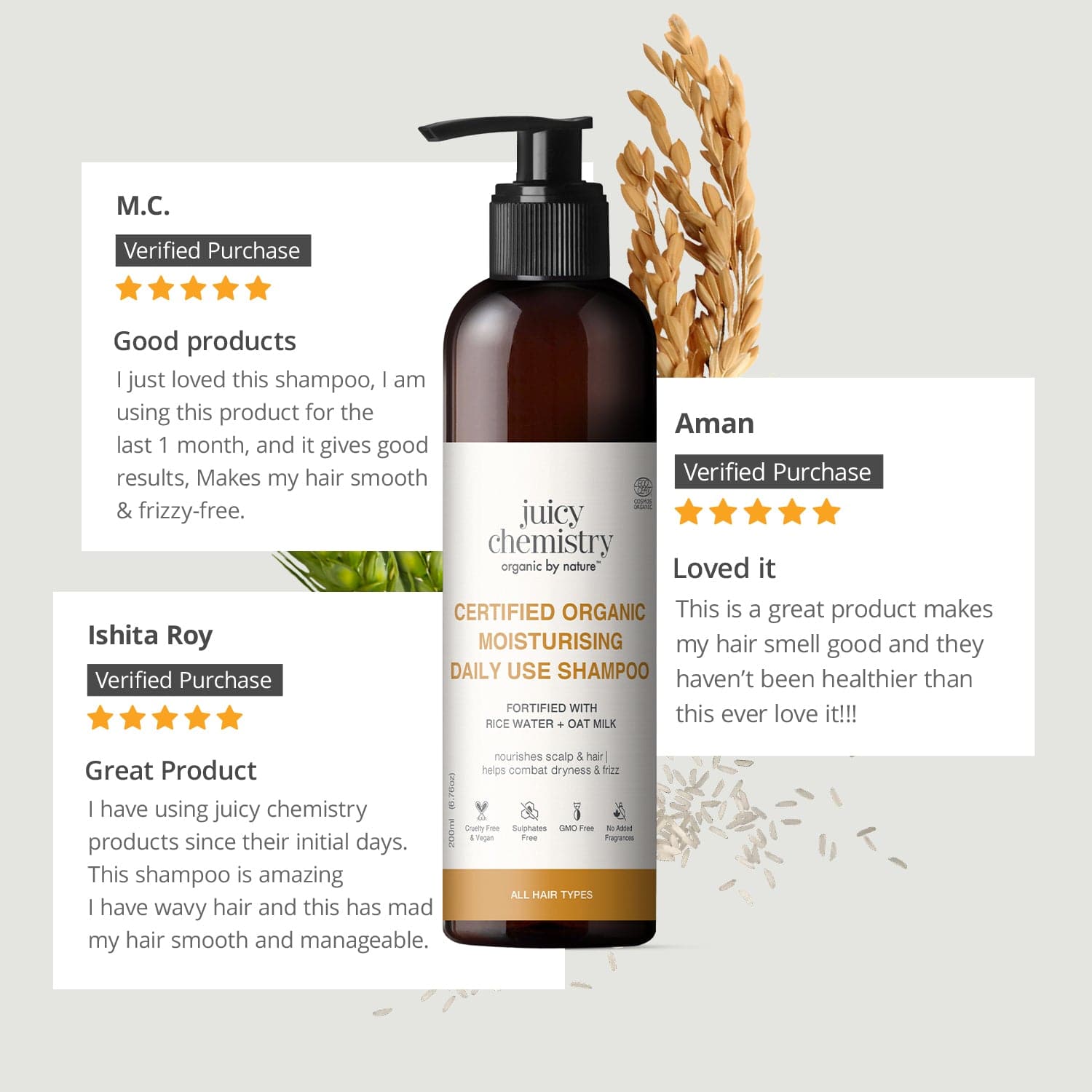 Certified Organic Moisturising Daily Use Shampoo Fortified with Rice Water + Oat Milk