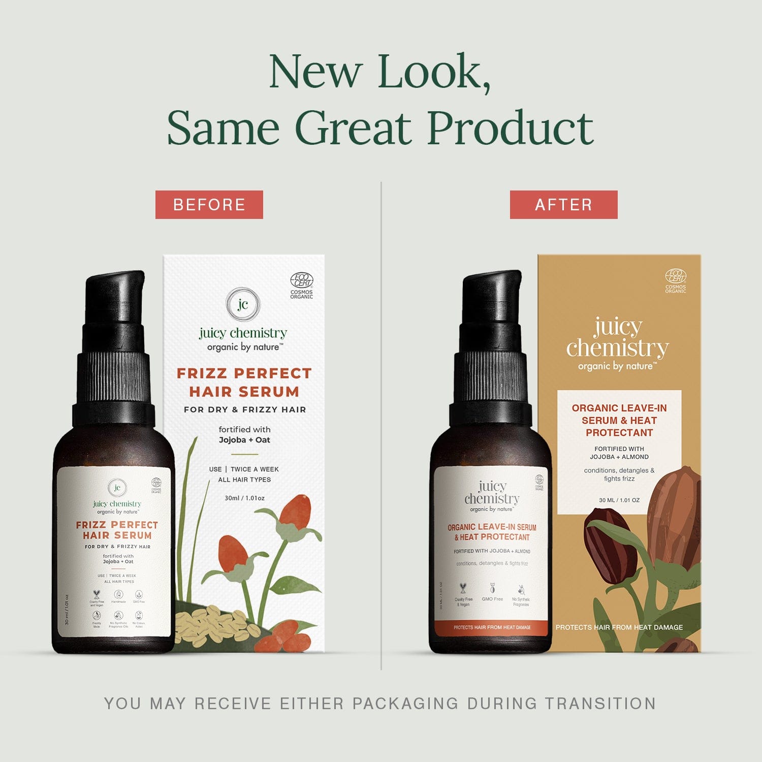 Certified Organic Leave-in Hair Serum & Heat Protectant Fortified with Jojoba + Almond, 30 ml