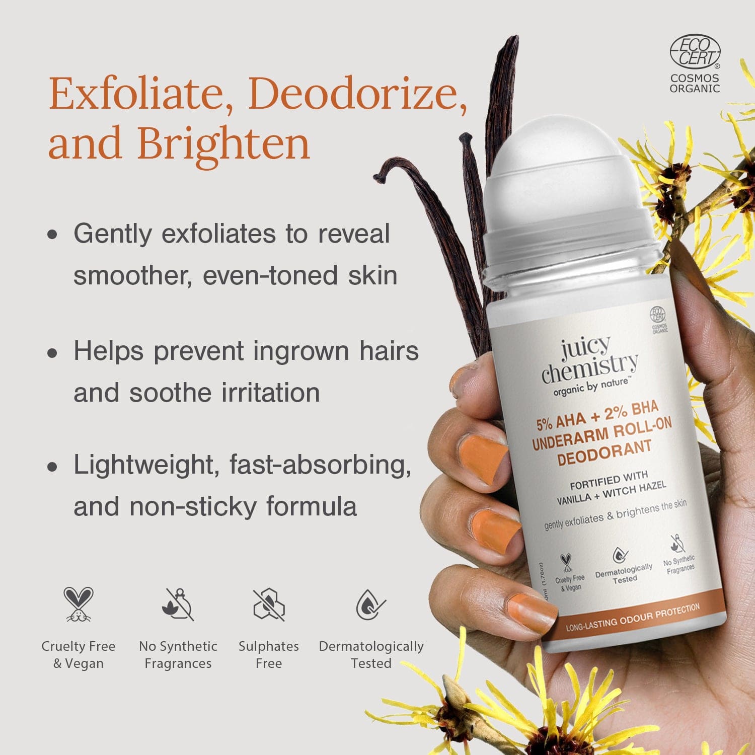 5% AHA + 2% BHA Underarm Roll-on Deodorant Fortified with Vanilla + Witch Hazel