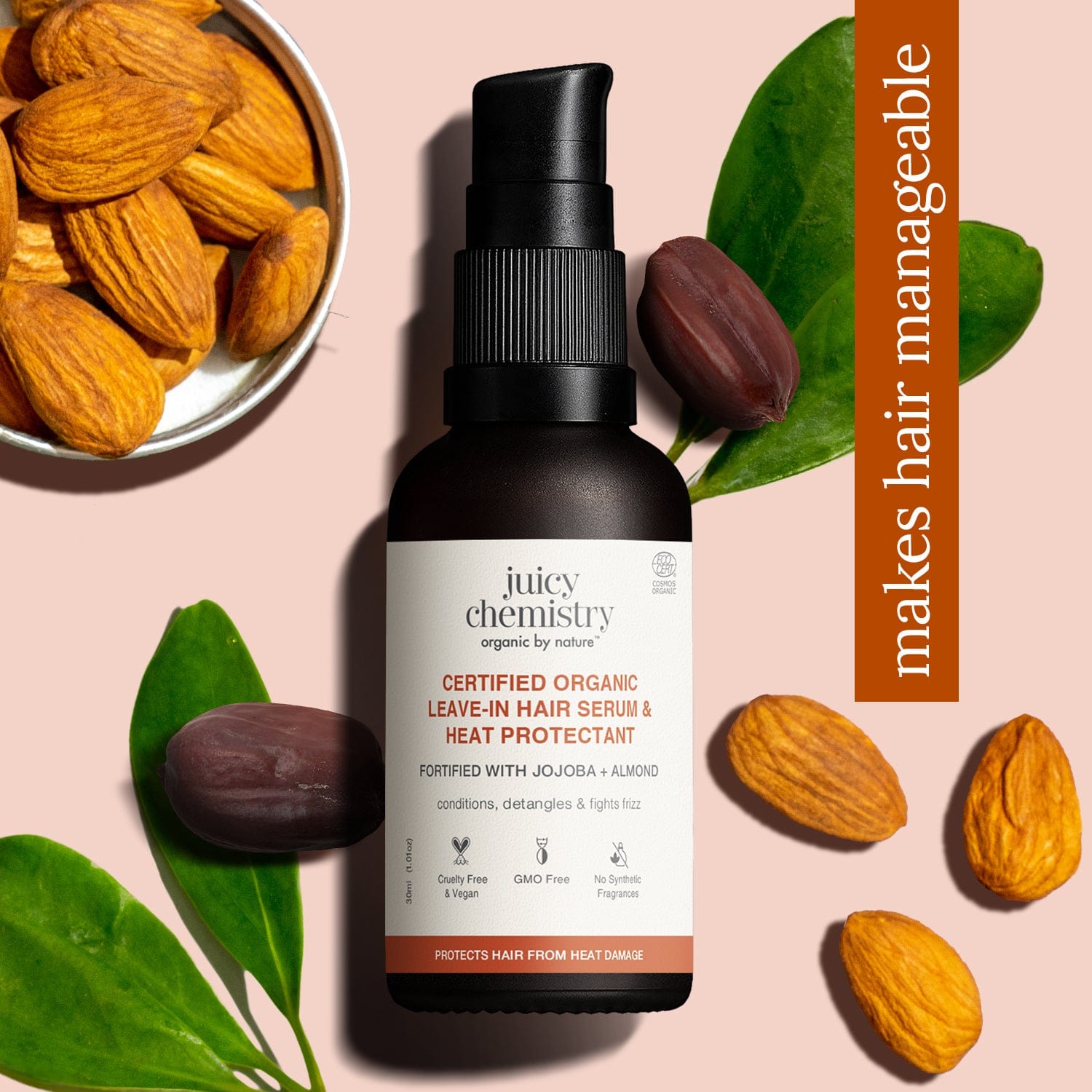 Certified Organic Leave-in Hair Serum & Heat Protectant Fortified with Jojoba + Almond