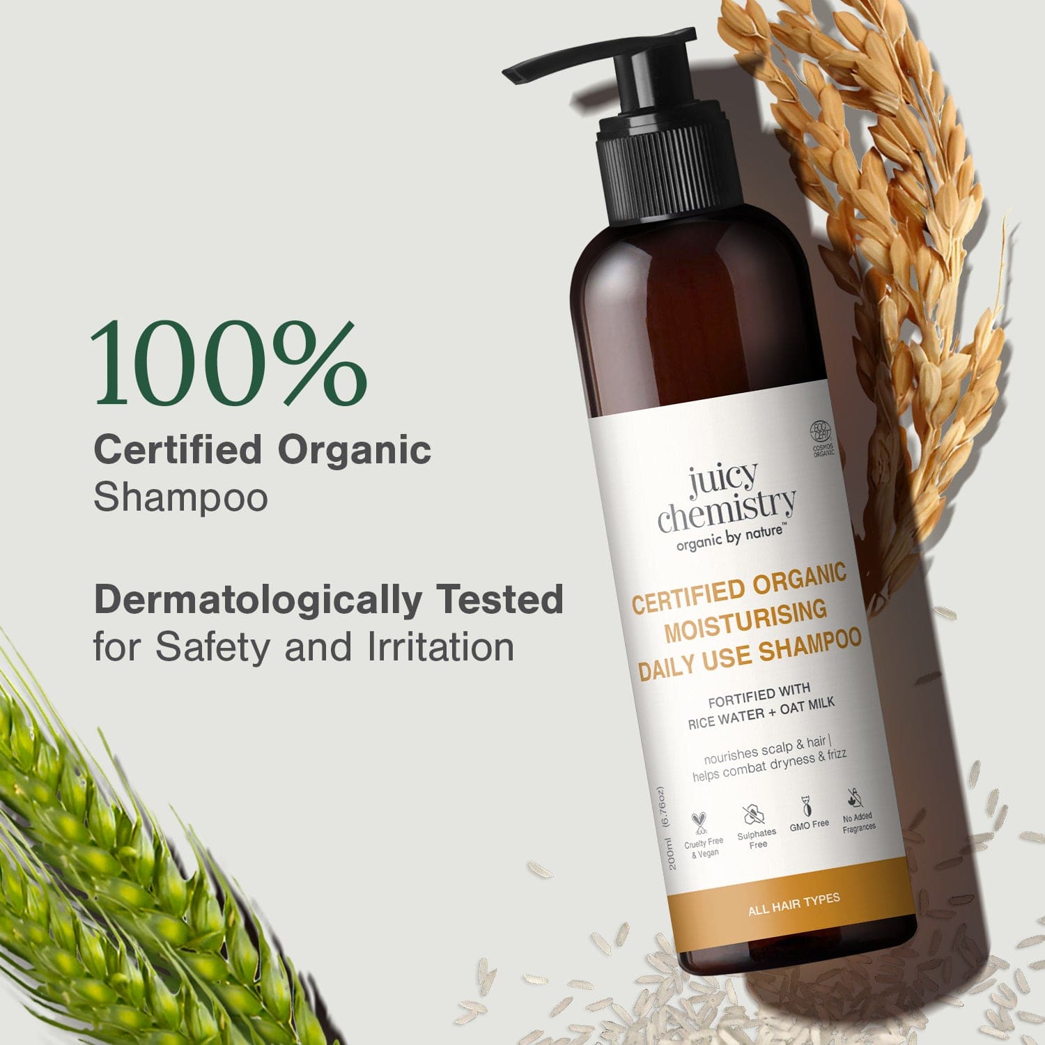 Certified Organic Moisturising Daily Use Shampoo Fortified with Rice Water + Oat Milk