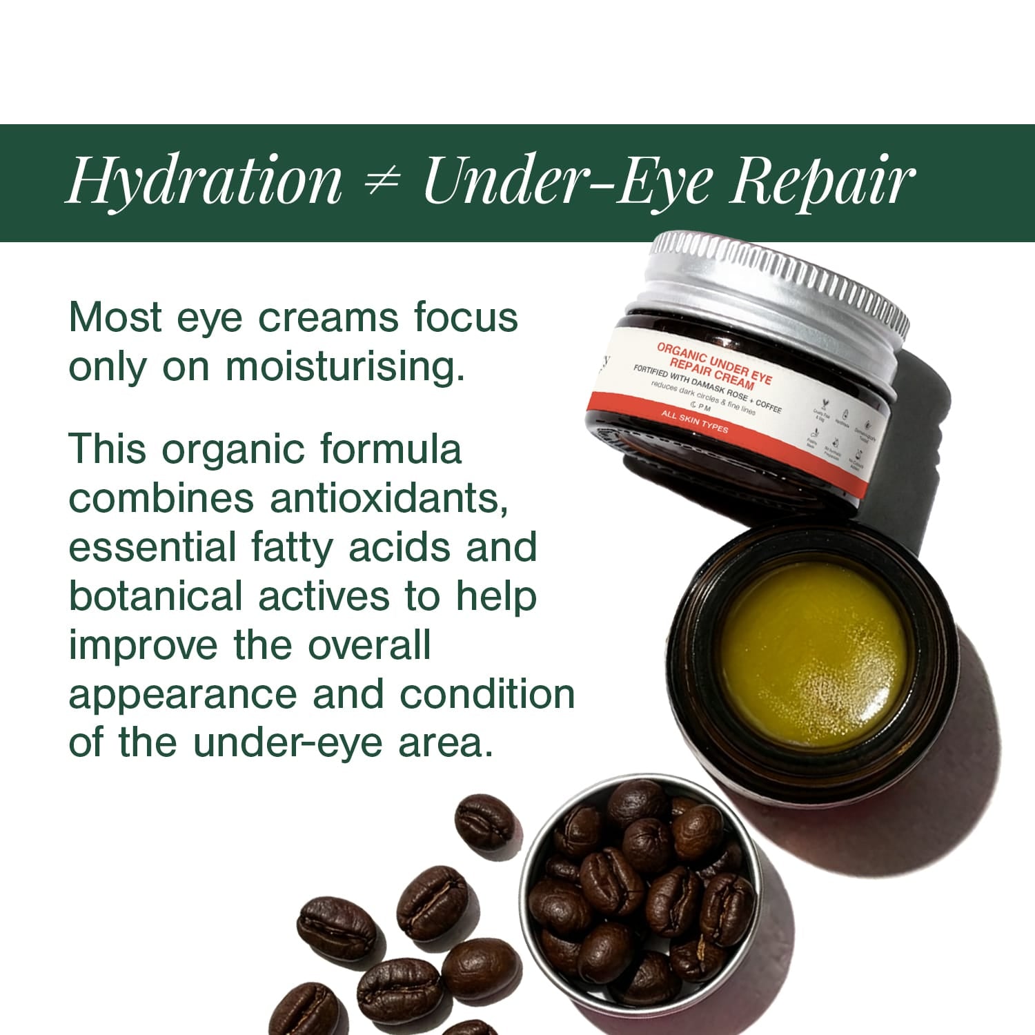 Organic Under Eye Repair Cream Fortified with Damask Rose + Coffee