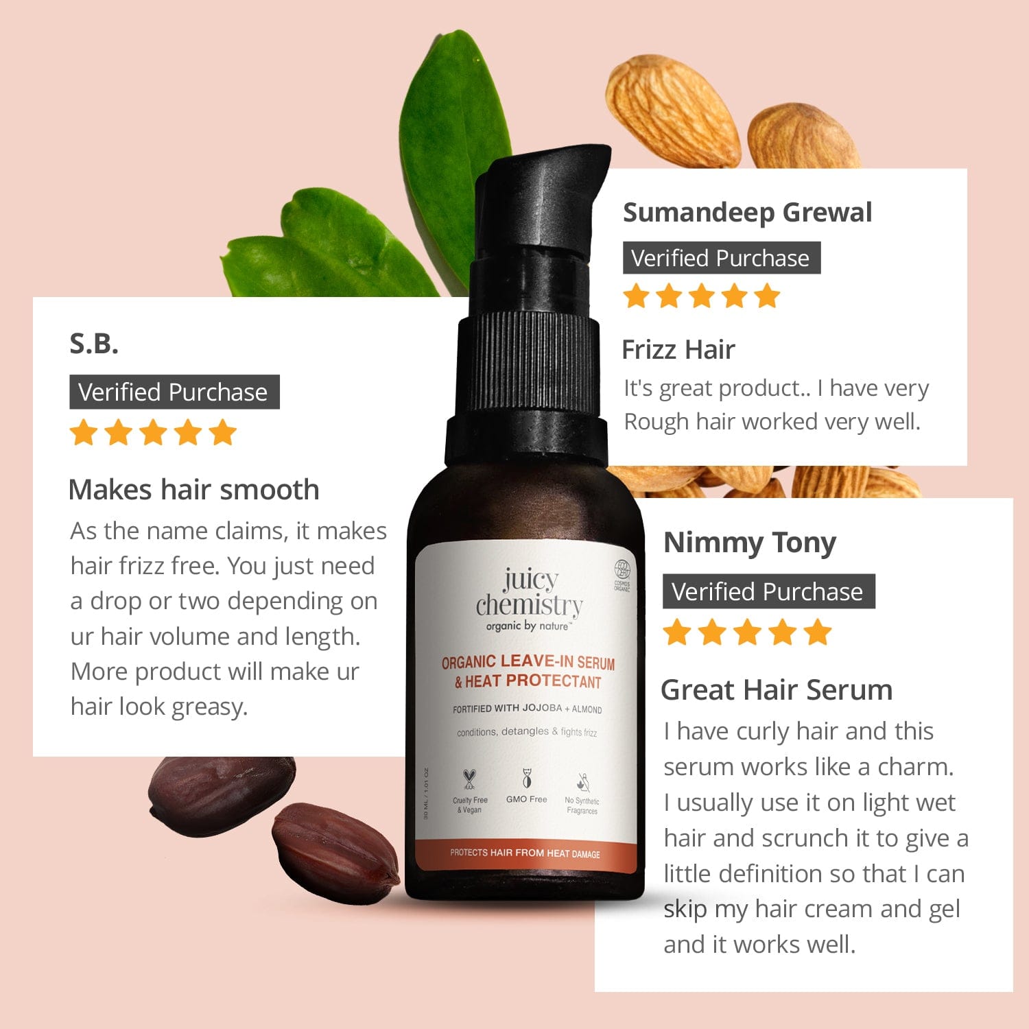 Certified Organic Leave-in Hair Serum & Heat Protectant Fortified with Jojoba + Almond, 30 ml