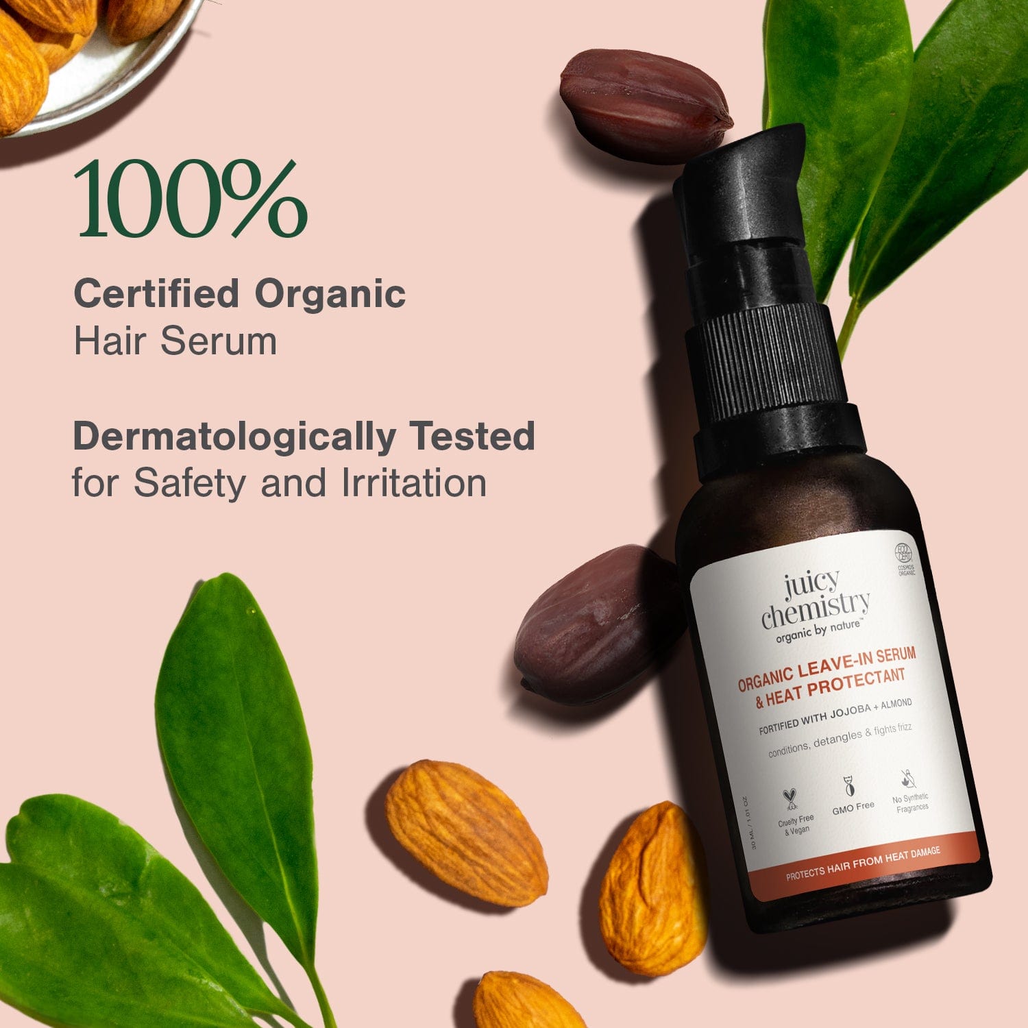 Certified Organic Leave-in Hair Serum & Heat Protectant Fortified with Jojoba + Almond, 30 ml