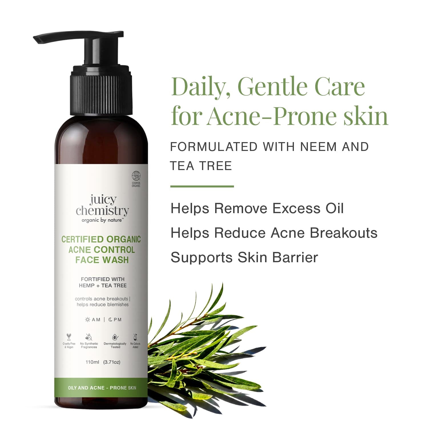 Certified Organic Acne & Pimples Control Face Wash Fortified with Hemp + Tea Tree