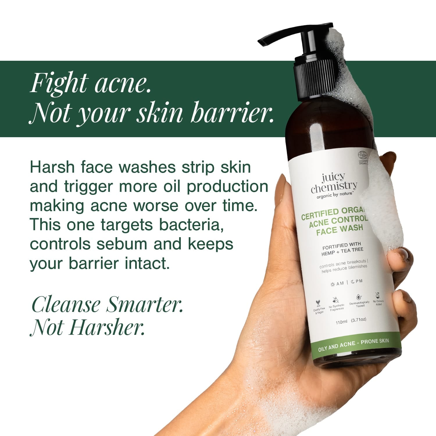 Certified Organic Acne & Pimples Control Face Wash Fortified with Hemp + Tea Tree
