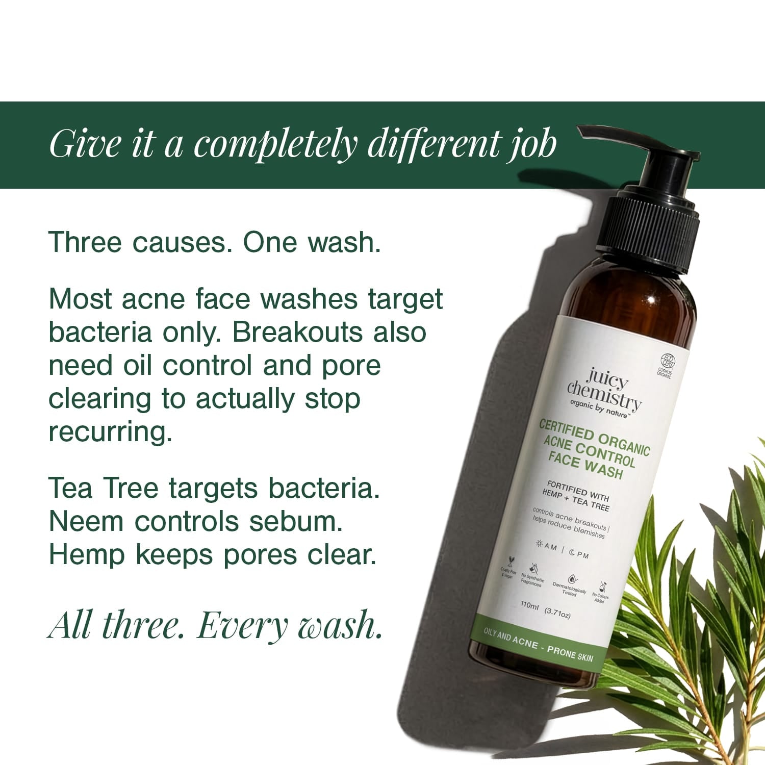 Certified Organic Acne & Pimples Control Face Wash Fortified with Hemp + Tea Tree