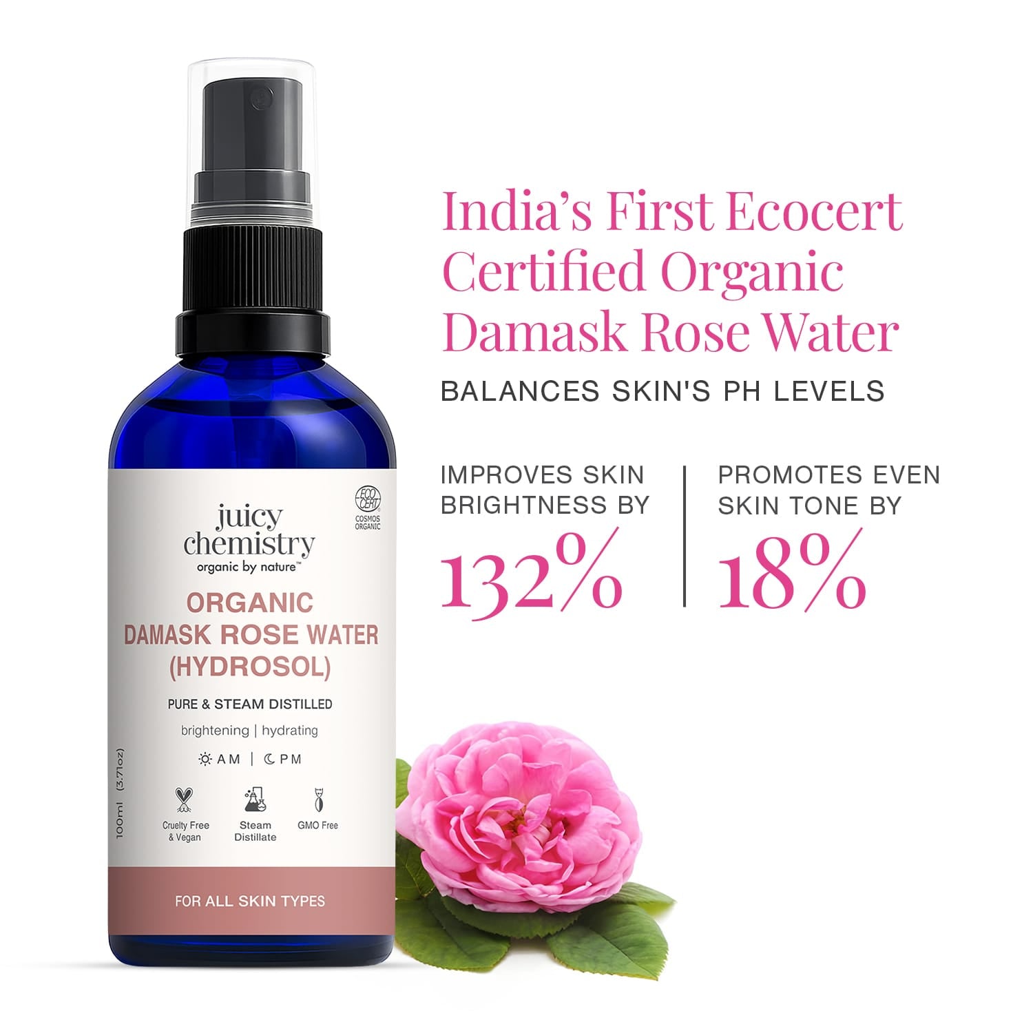 Organic Damask Rose Water (Hydrosol)