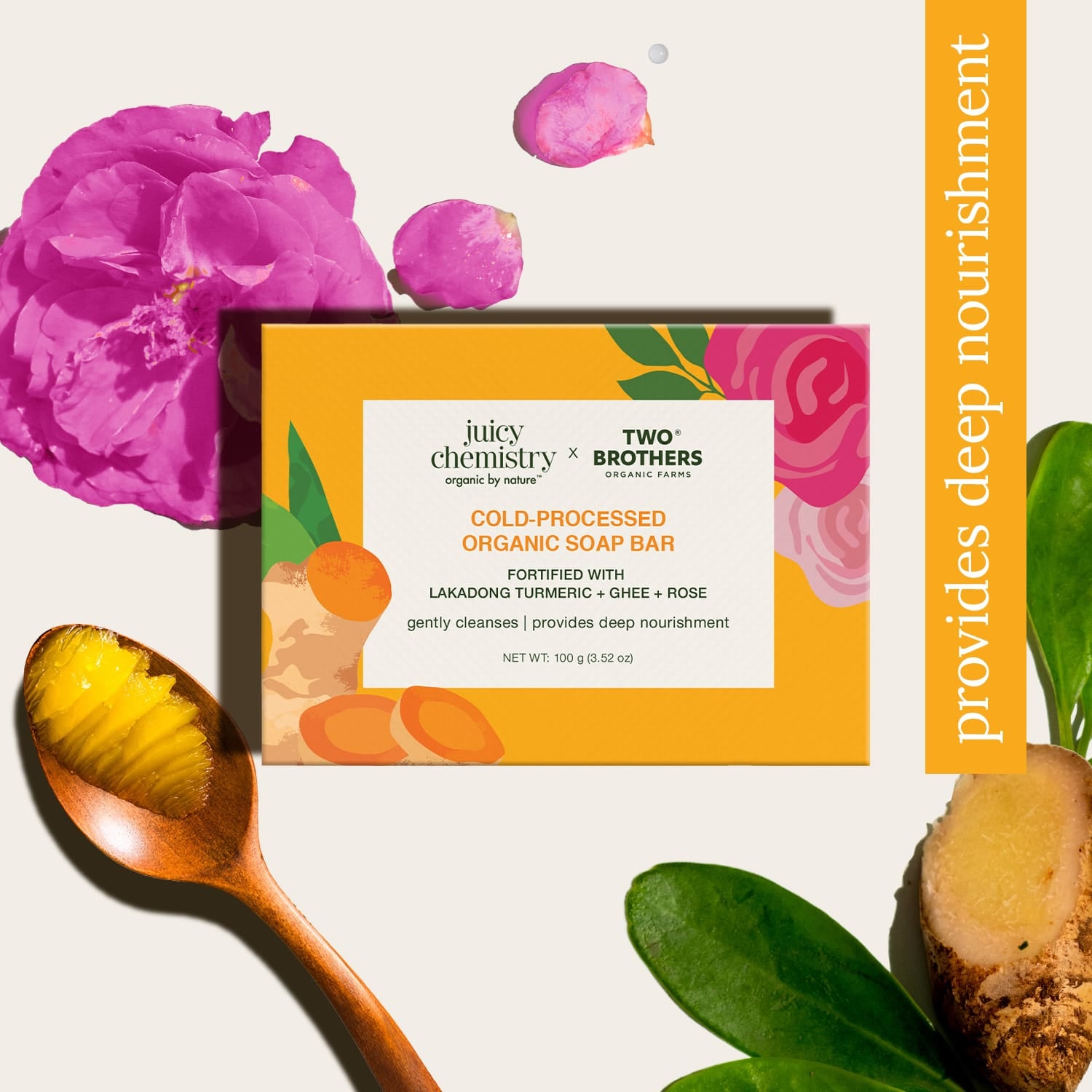 Cold-processed Organic Soap Bar Fortified with Lakadong Turmeric, Ghee & Rose