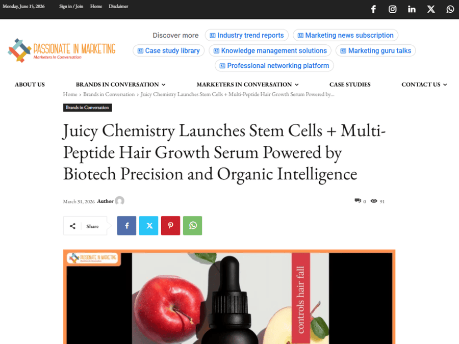 Juicy Chemistry Launches Stem Cells + Multi-Peptide Hair Growth Serum Powered by Biotech Precision and Organic Intelligence