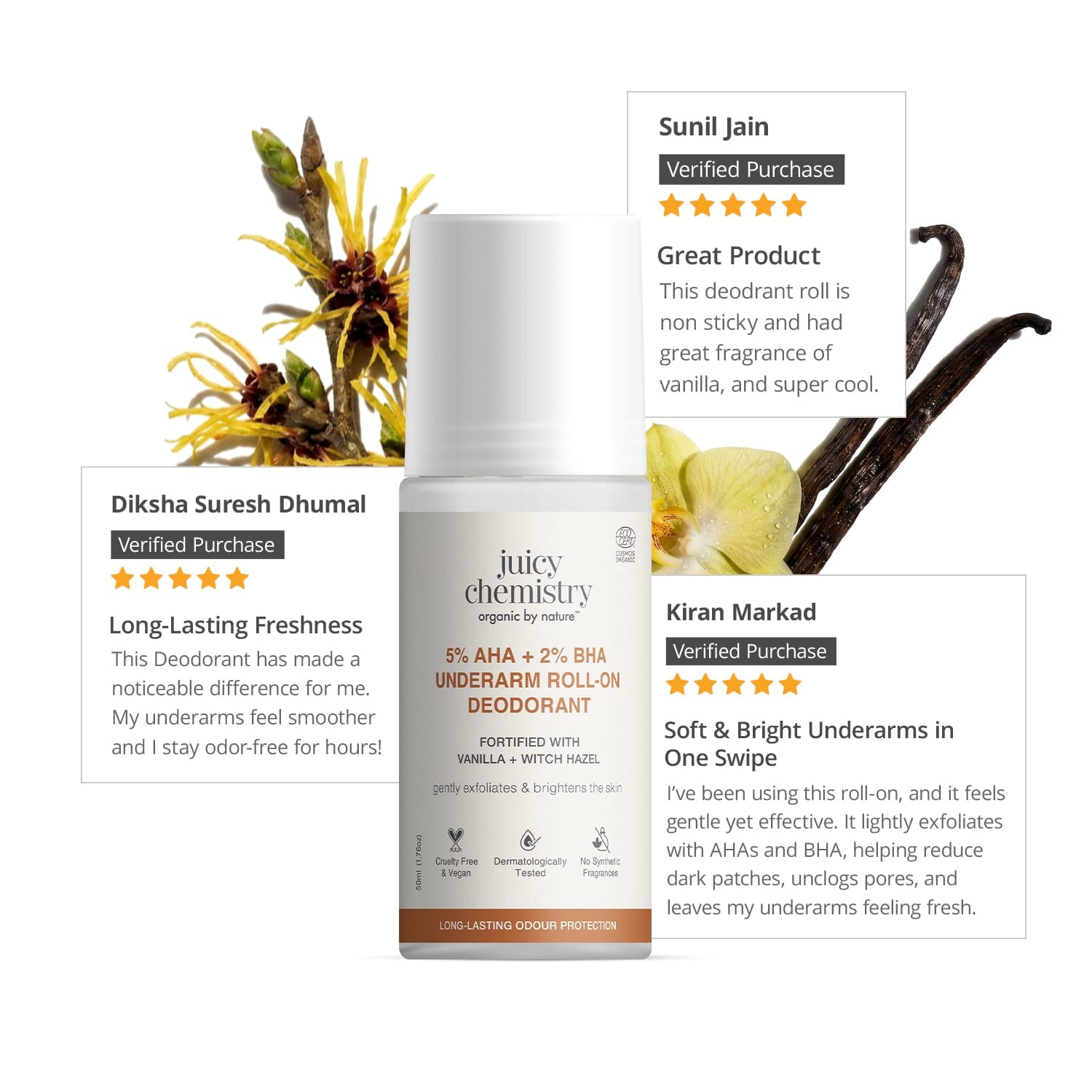 5% AHA + 2% BHA Underarm Roll-on Deodorant Fortified with Vanilla + Witch Hazel
