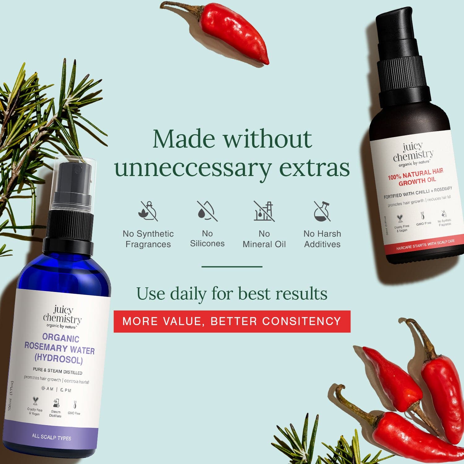 Chilli, Rosemary & Kalonji Hair Oil + Rosemary Water for Hair Growth & Treatment Combo, 30 ml + 100 ml