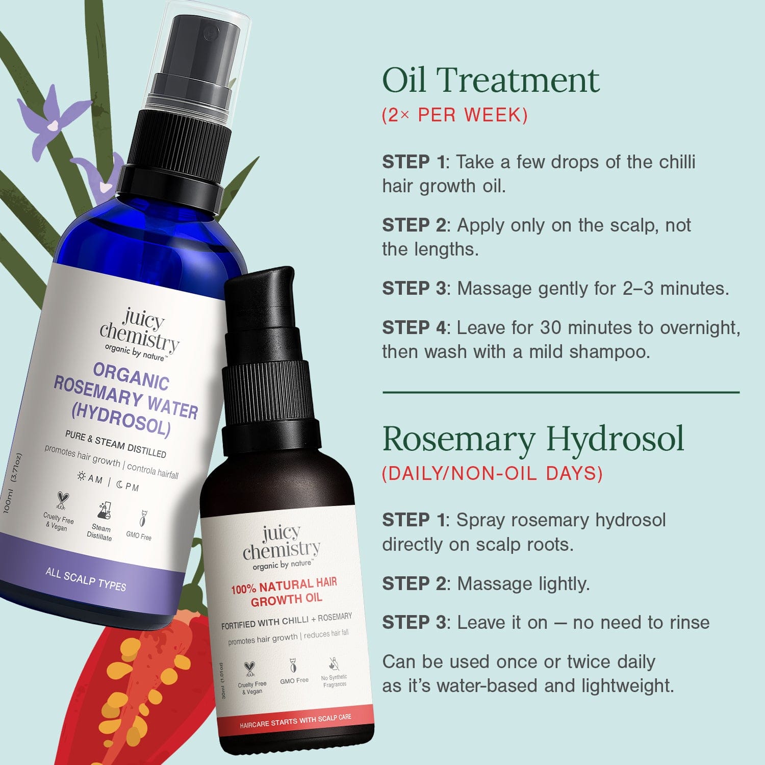 Chilli, Rosemary & Kalonji Hair Oil + Rosemary Water for Hair Growth & Treatment Combo, 30 ml + 100 ml