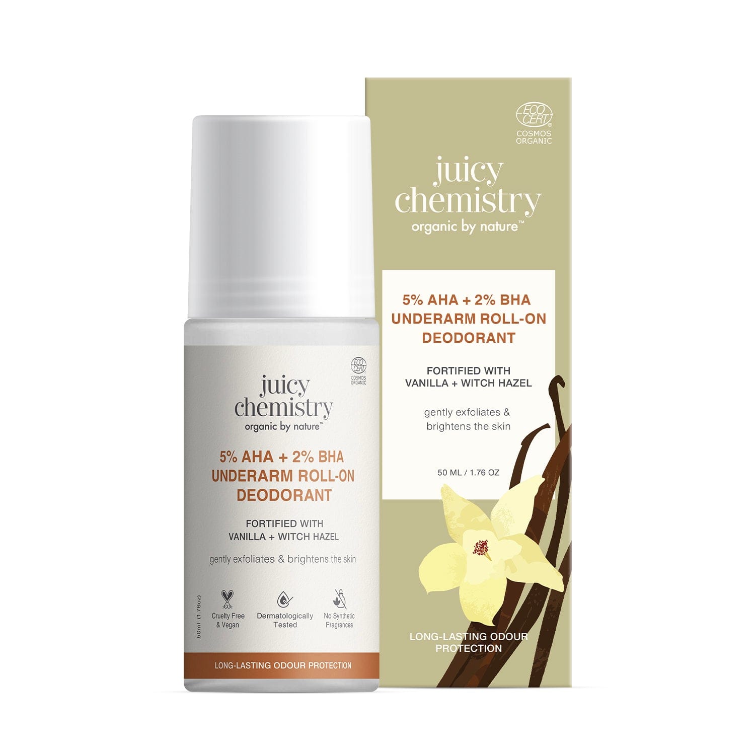 5% AHA + 2% BHA Underarm Roll-on Deodorant Fortified with Vanilla + Witch Hazel