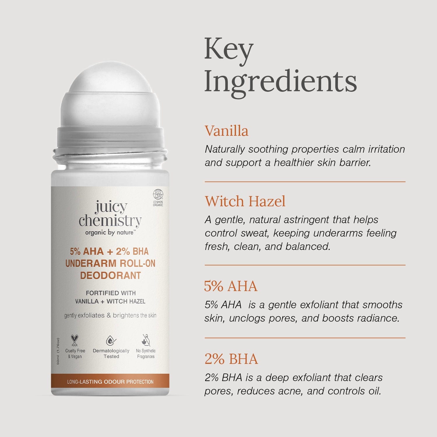 5% AHA + 2% BHA Underarm Roll-on Deodorant Fortified with Vanilla + Witch Hazel