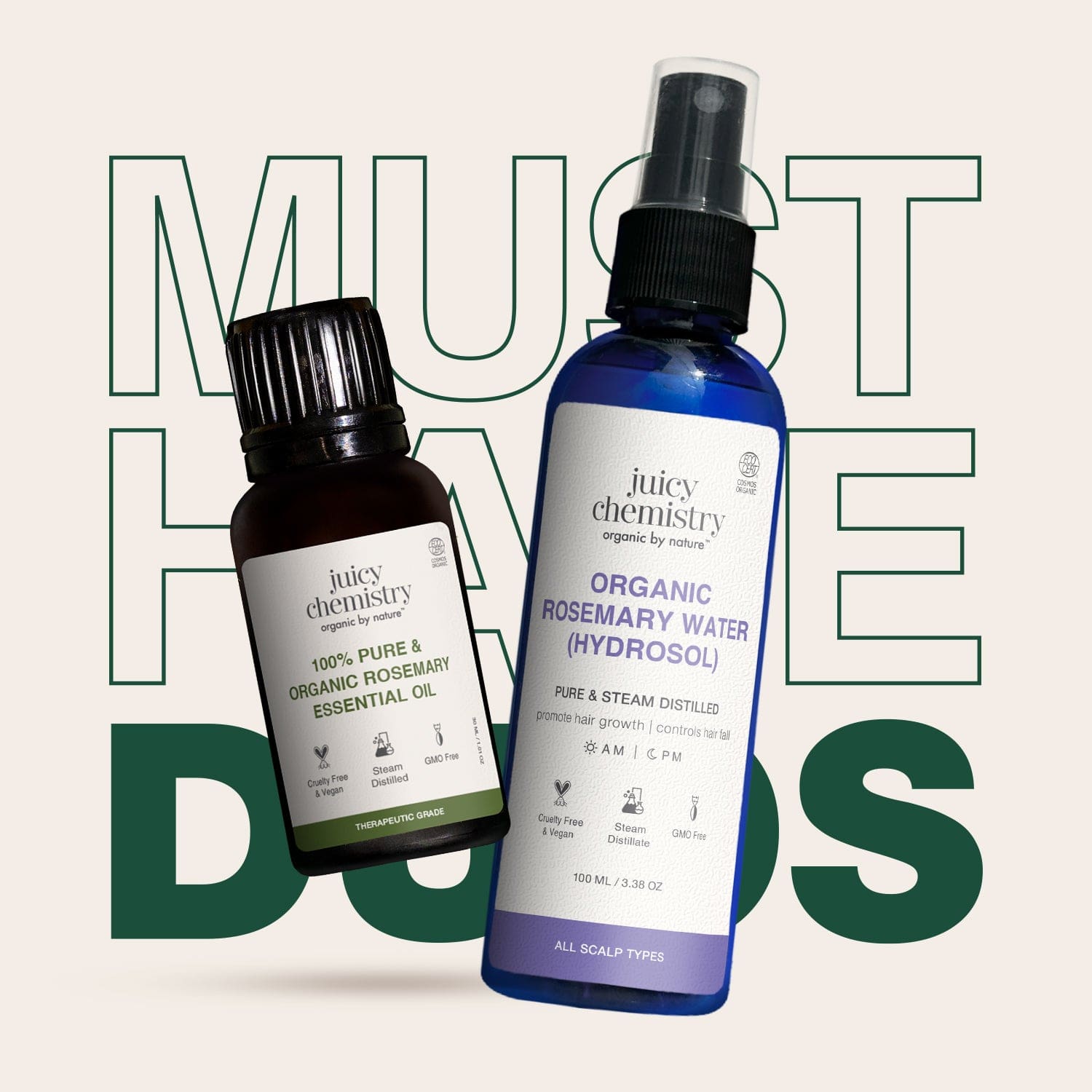 Certified Organic Rosemary Water (Hydrosol) 100 ML + Organic Rosemary Essential Oil 30 ML