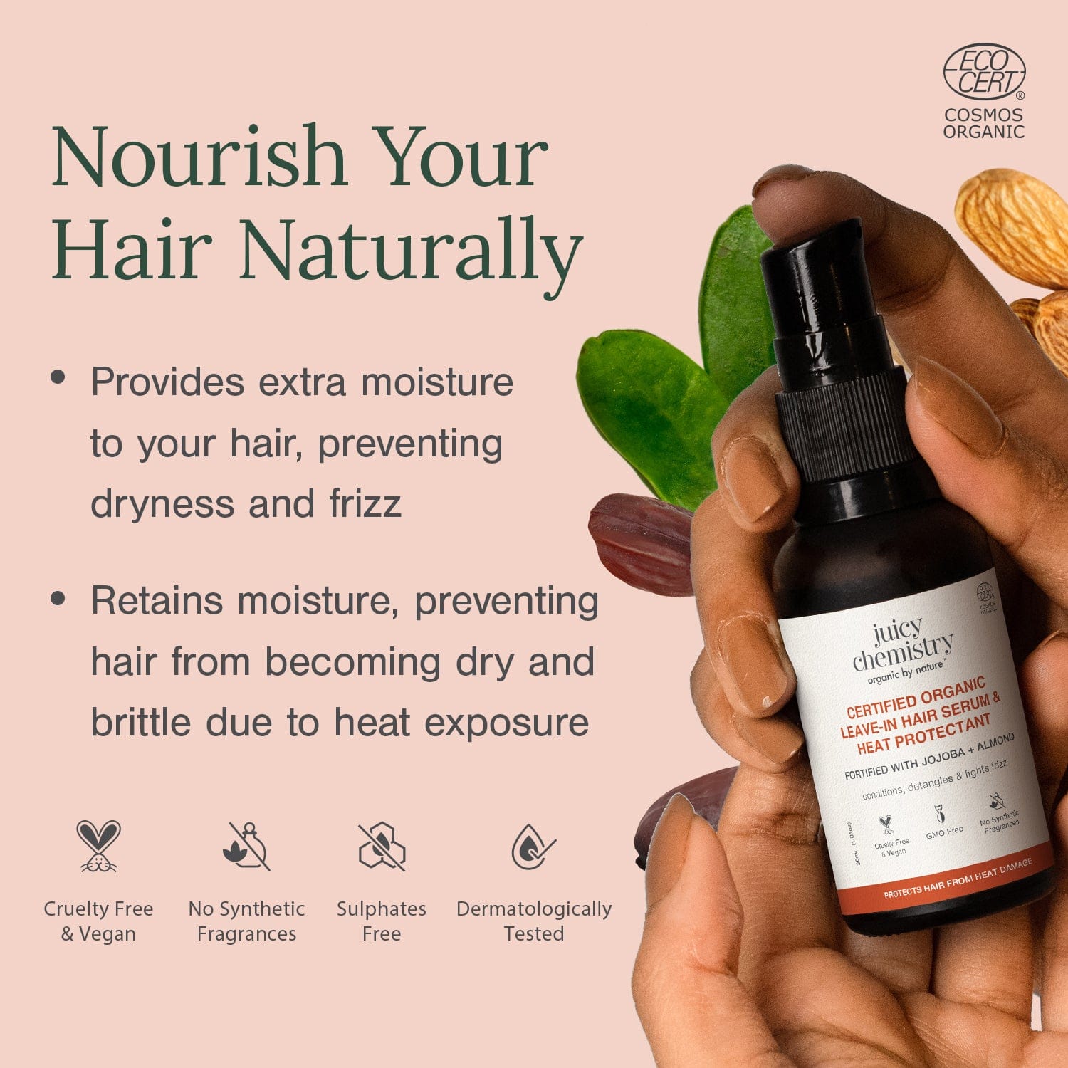 Certified Organic Leave-in Hair Serum & Heat Protectant Fortified with Jojoba + Almond