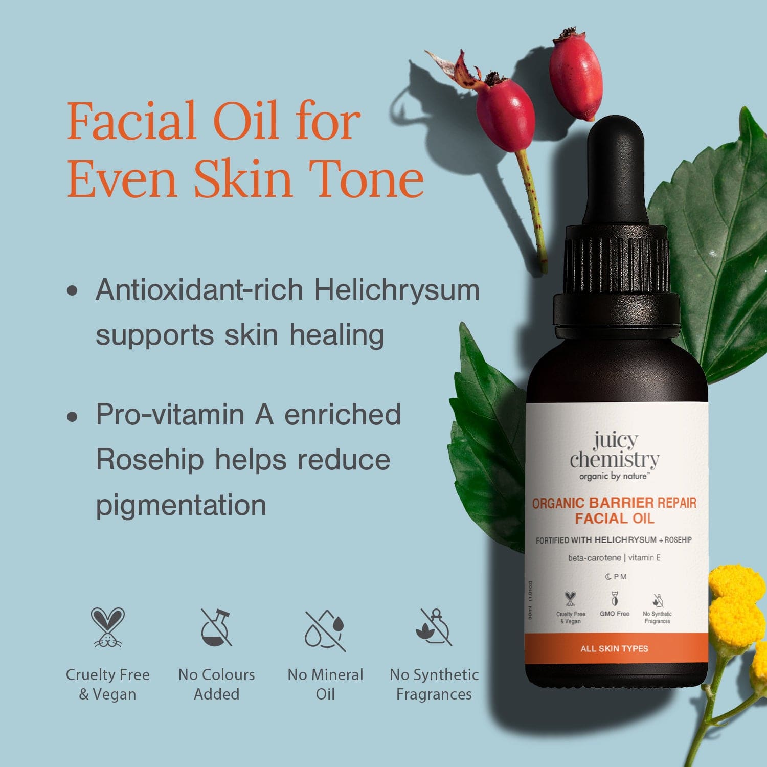 Organic Barrier Repair Facial Oil Fortified with Helichrysum + Rosehip