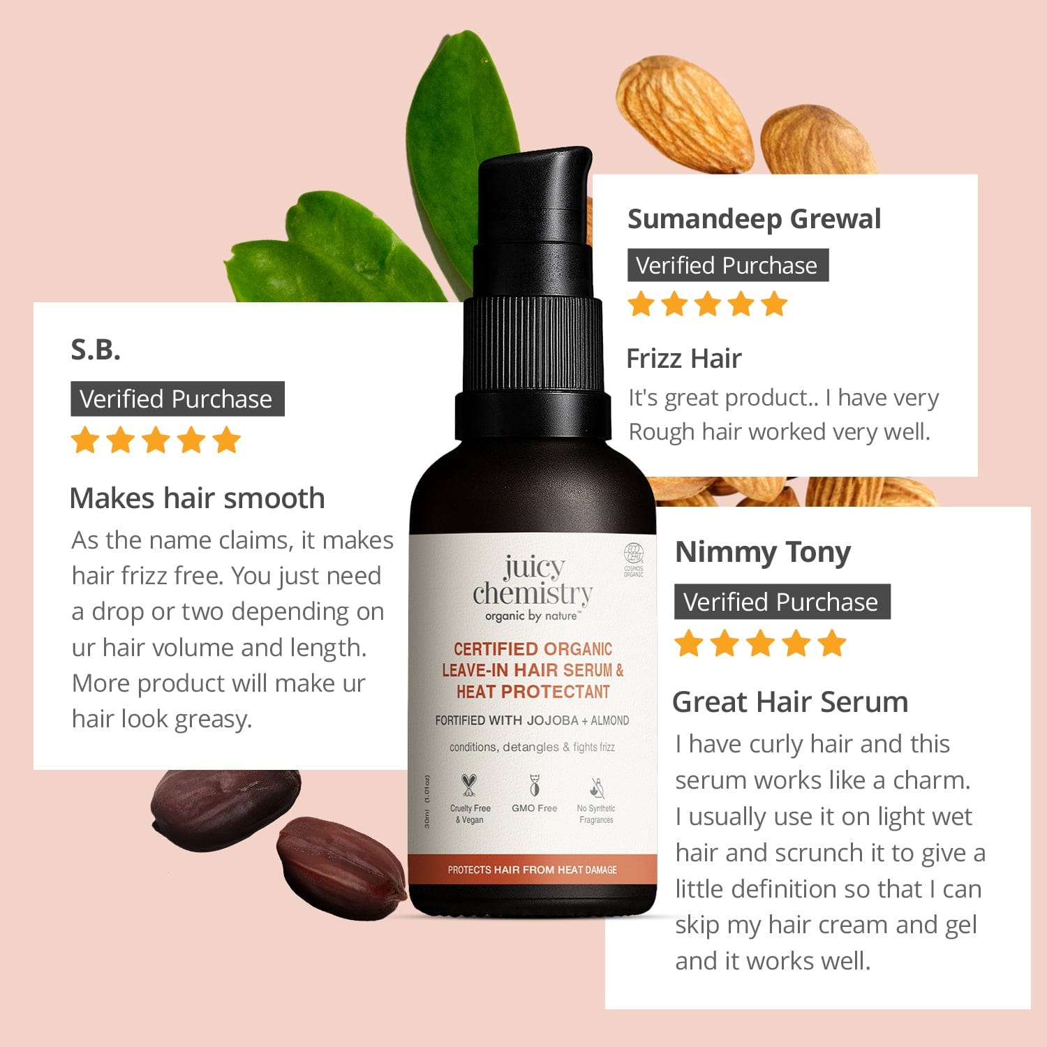 Certified Organic Leave-in Hair Serum & Heat Protectant Fortified with Jojoba + Almond