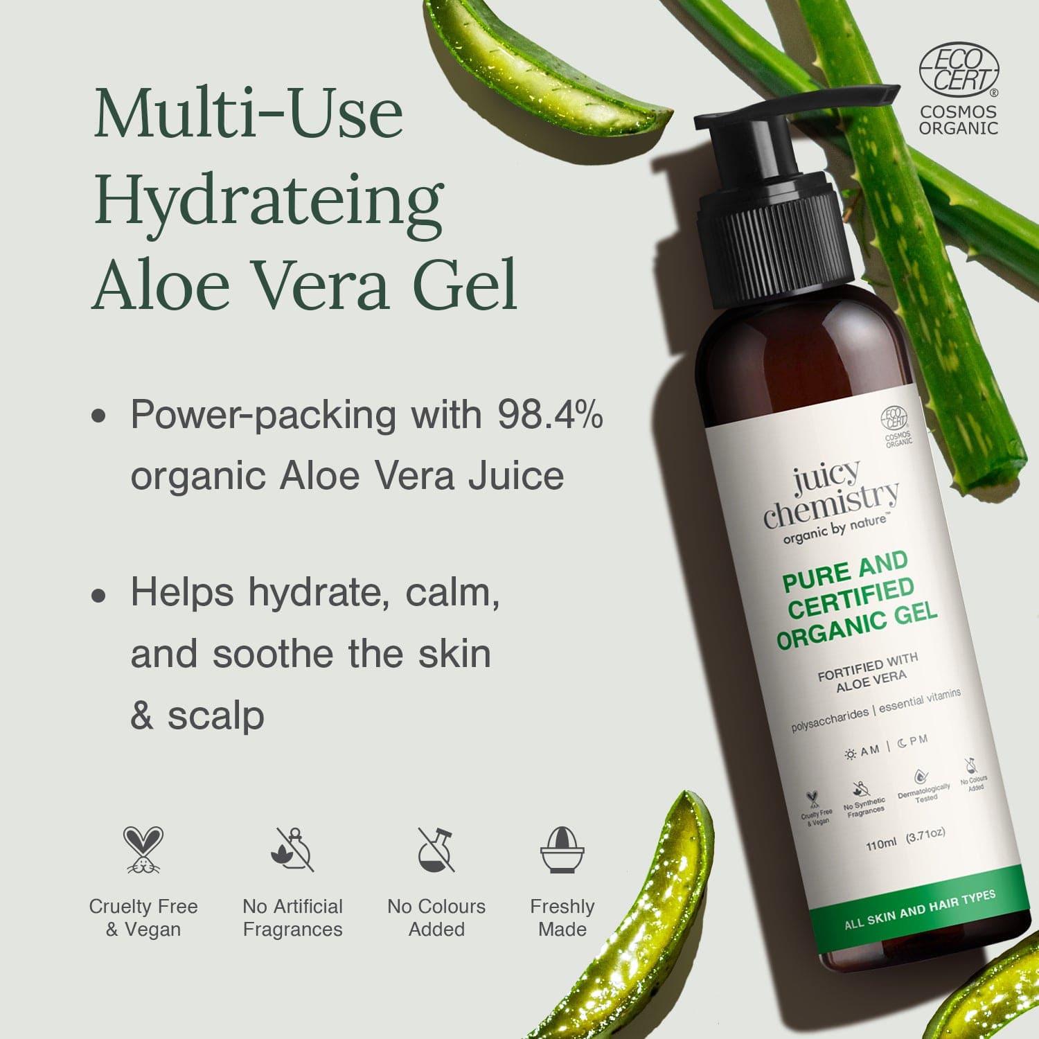100% Pure and Certified Organic Aloe Vera Gel (Unscented)