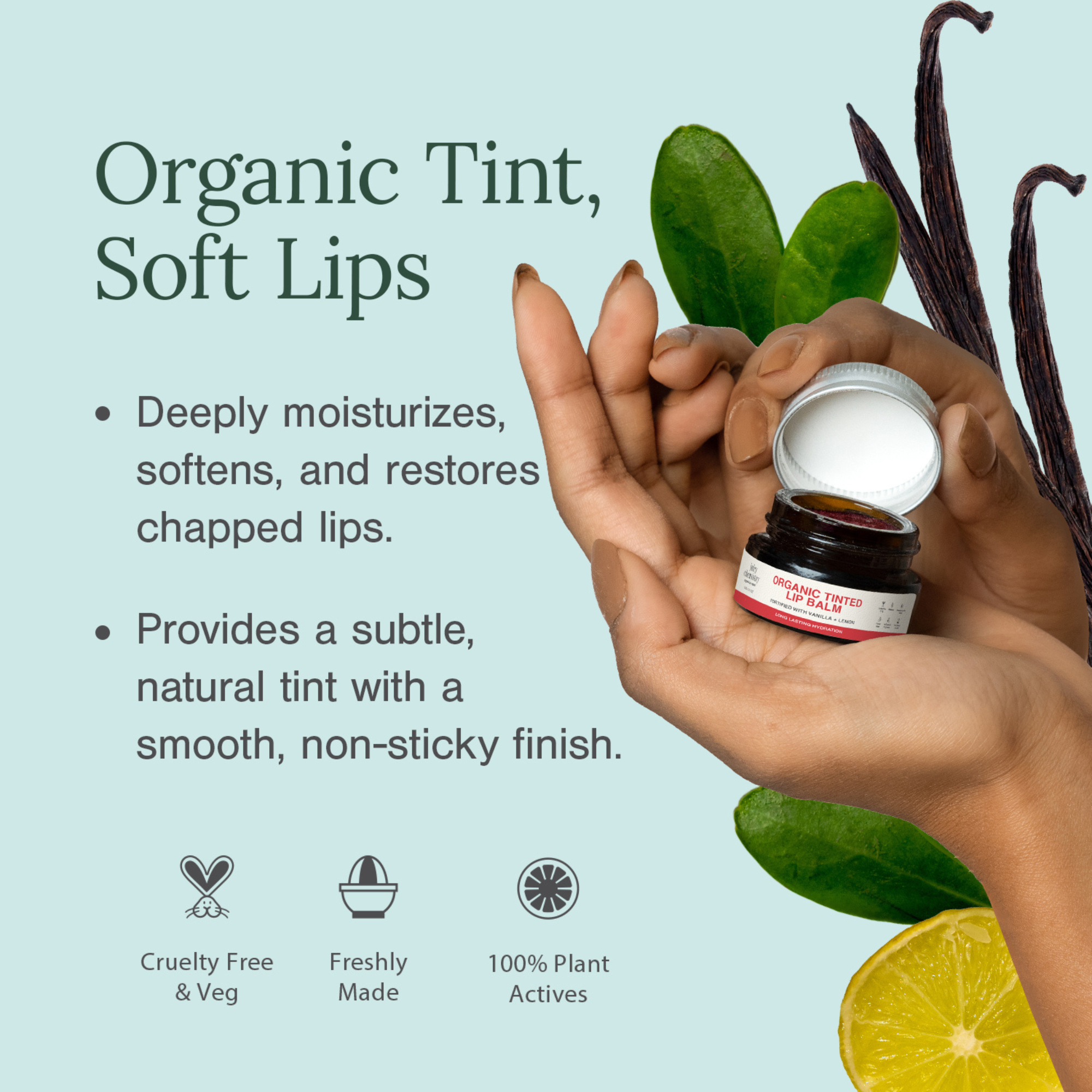 Organic Tinted Lip Balm Fortified with Vanilla Fruit Oil + Lemon Oil