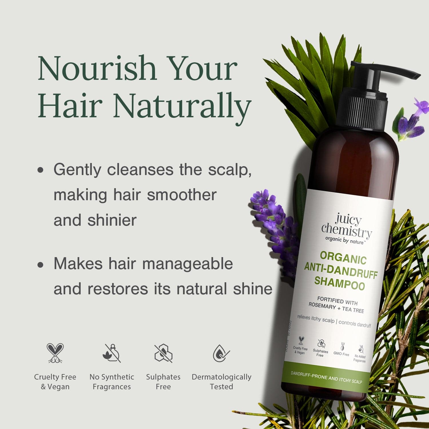 Organic Anti-Dandruff Shampoo Fortified with Rosemary + Tea Tree