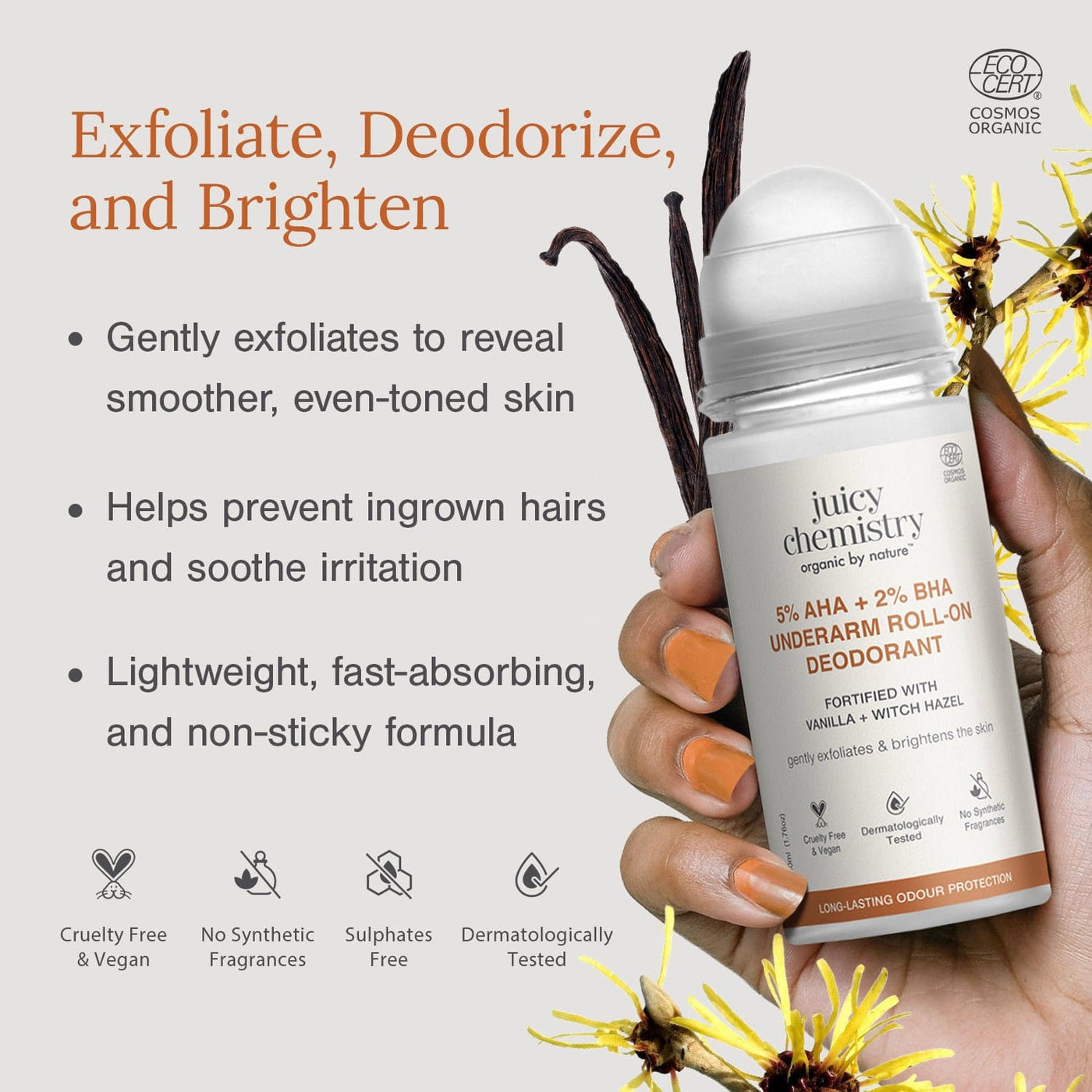 5% AHA + 2% BHA Underarm Roll-on Deodorant Fortified with Vanilla + Witch Hazel image 3
