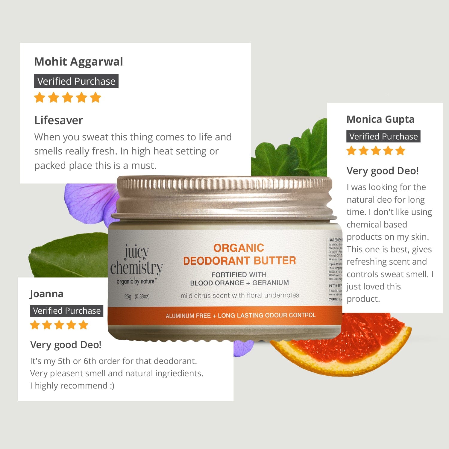 Organic Deodorant Jar Fortified with Blood Orange + Geranium, 25 g