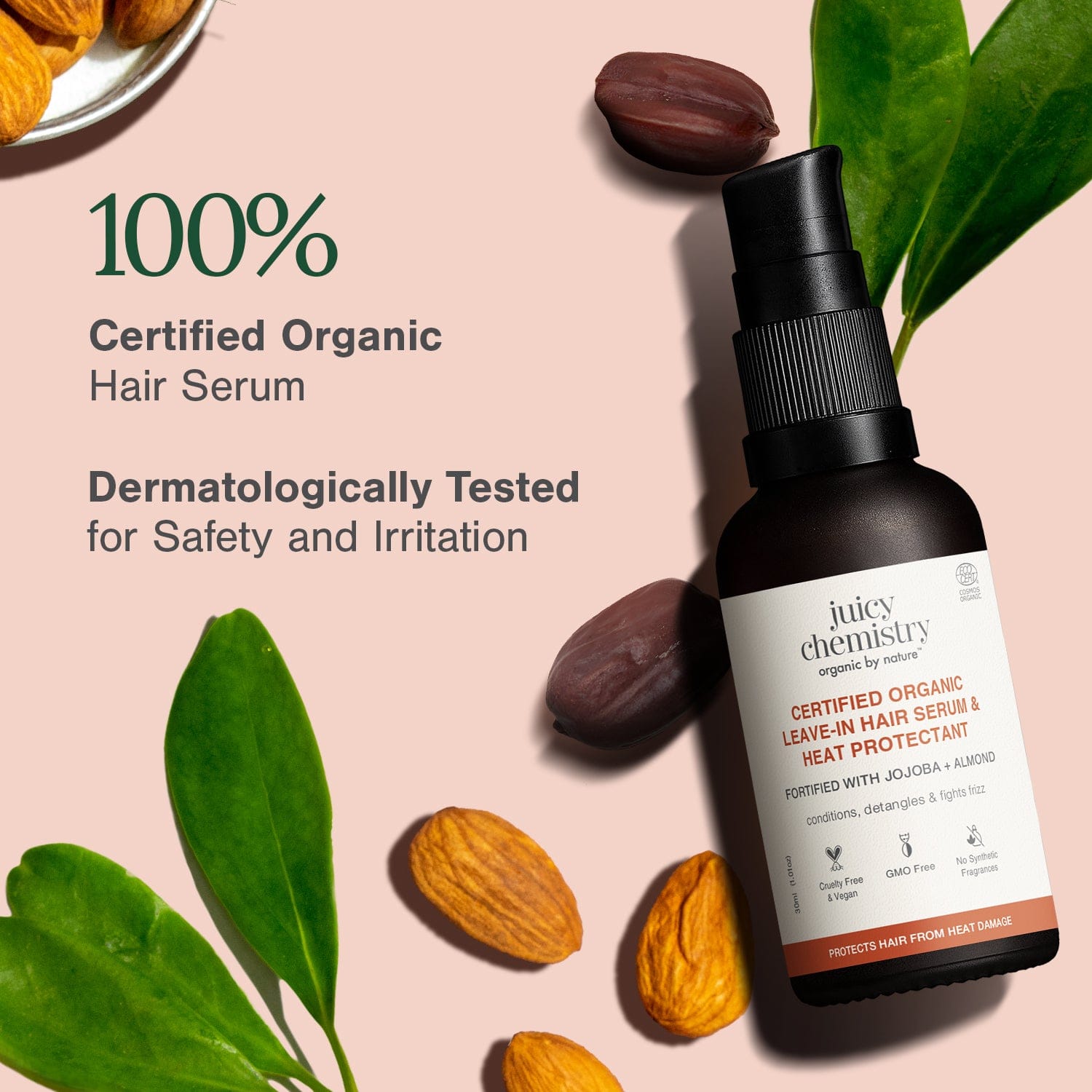 Certified Organic Leave-in Hair Serum & Heat Protectant Fortified with Jojoba + Almond