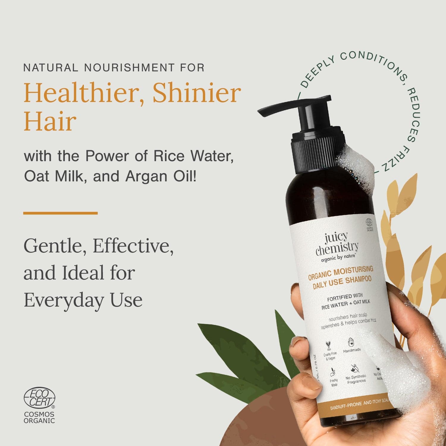 Certified Organic Moisturising Daily Use Shampoo Fortified with Rice Water + Oat Milk