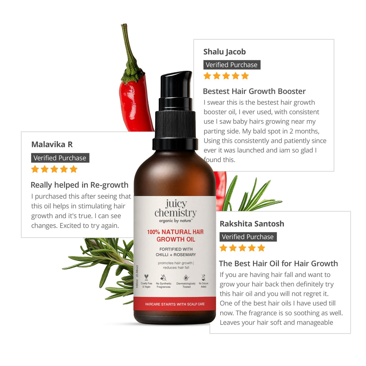100% Natural Hair Growth Oil with Chilli + Rosemary, 100 ml