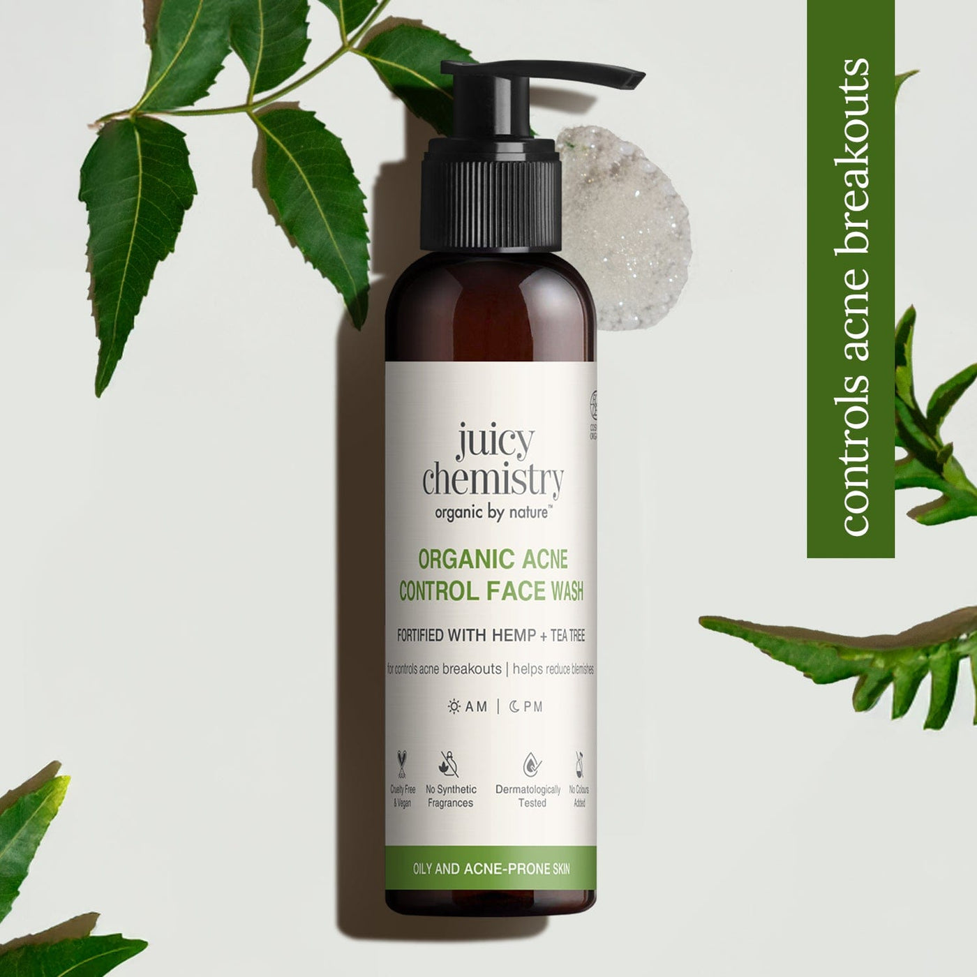 Certified Organic Acne & Pimples Control Face Wash Fortified with Hemp + Tea Tree