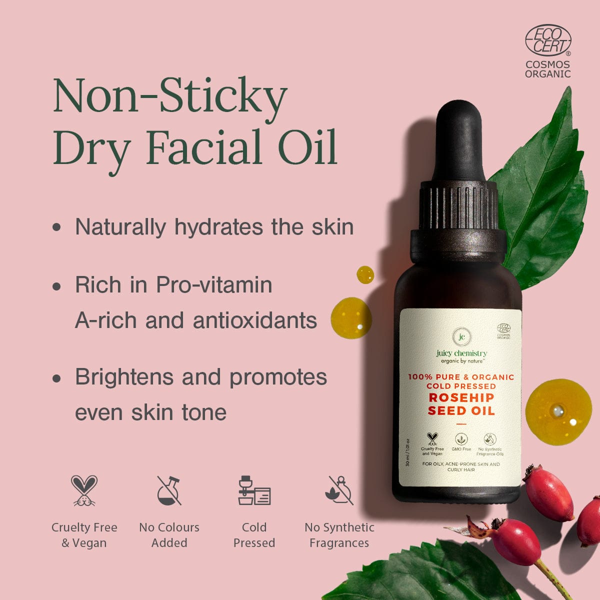 Pure and Organic Cold Pressed Rosehip Seed Oil for Face - Product Features