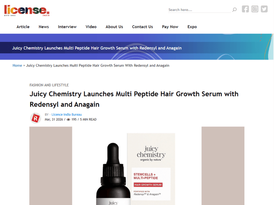 Juicy Chemistry Launches Multi Peptide Hair Growth Serum with Redensyl and Anagain